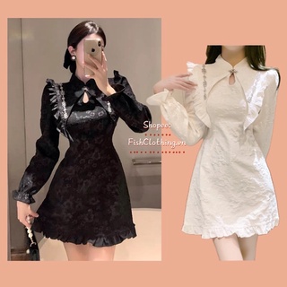 SẴN🖤Đầm ullzang tiểu thư chữ A cổ cách điệu phong cách/ Váy gấm đính ngọc kiểu mới năm 2022 chân bèo