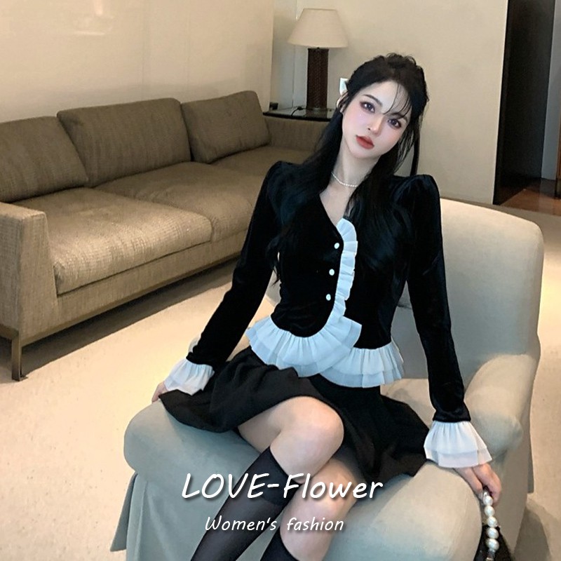 Áo cardigan tay áo cánh hoa / váy lưng cao xếp ly [bán riêng lẻ]