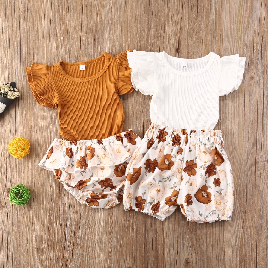 Jumpsuit Ngắn Tay Màu Trơn + Quần Dài In Hoa Cho Bé