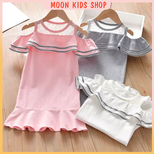 Váy bèo trễ vai phối lưới cho bé gái chất cotton mặc hè size đến 50kg - Váy trễ vai