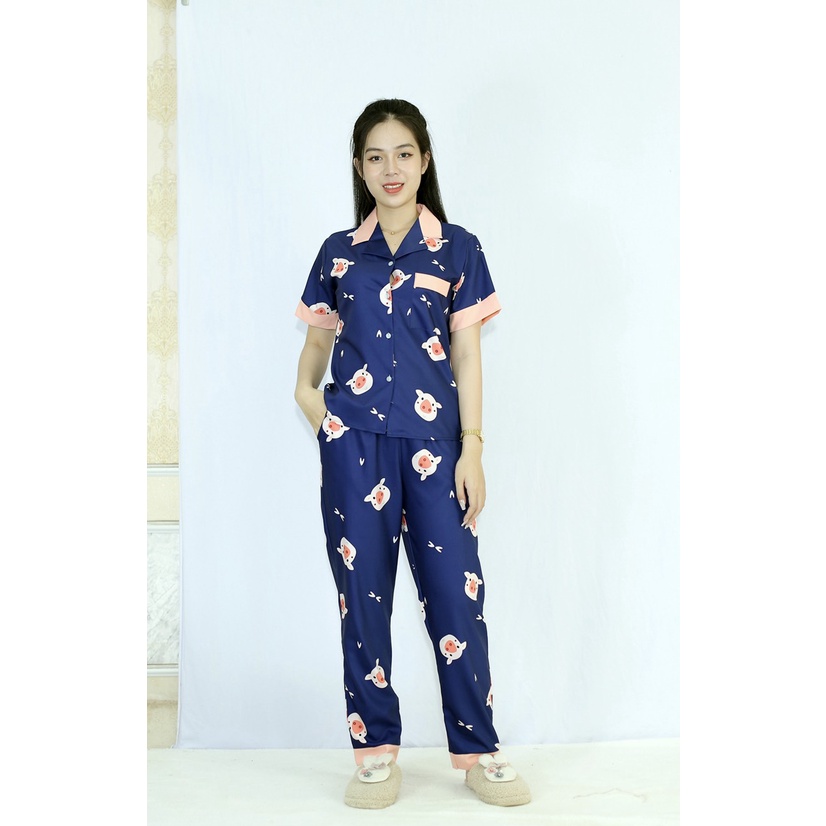 XẢ HÀNG SỐC Bộ đồ bộ Pijama HEO XANH PHA CỔ HỒNG tay ngắn quần dài vải chéo - Phù hợp mặc vào mùa thu đông