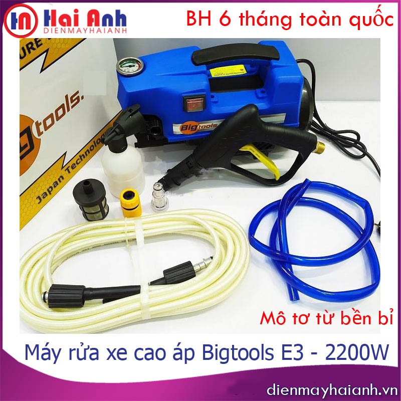 Máy phun rửa áp lực cao mini, xịt rửa xe máy, ô tô gia đình BigTools E3, công suất 2200W, đầy đủ phụ kiện