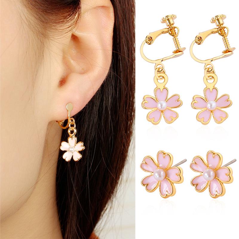 Korean Fashion Pink Flower Earrings for Women Small Fresh Pearl Cherry Blossoms Earrings Jewelry