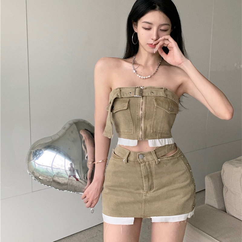 Set Áo Ống Denim + Chân Váy Lưng Cao Thiết Kế Quyến Rũ Thời Trang Mùa Hè