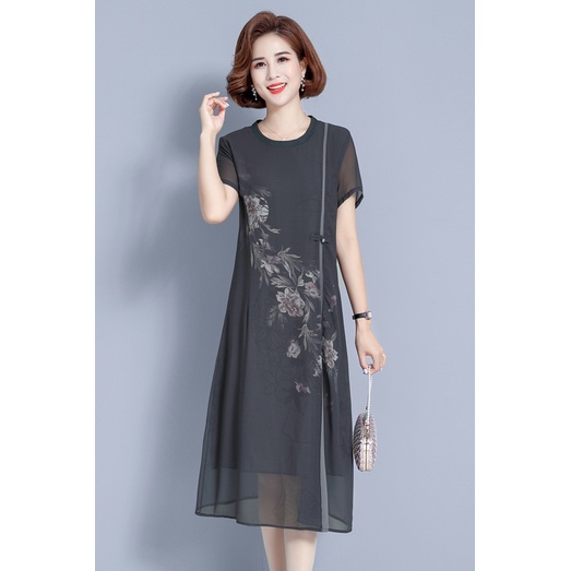 Đầm Tay Ngắn Giả Hai Lớp Phong Cách Dân Tộc Thời Trang Mùa Hè Cho Nữ Trung Niên 40 Tuổi