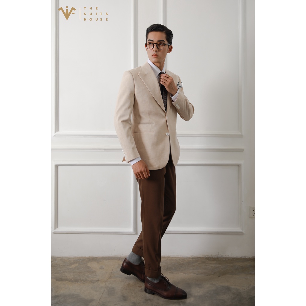 Bộ vest nam cam nhạt phối nâu đậm, 2 khuy 3 túi, suits sartorial chất linen The Suits House