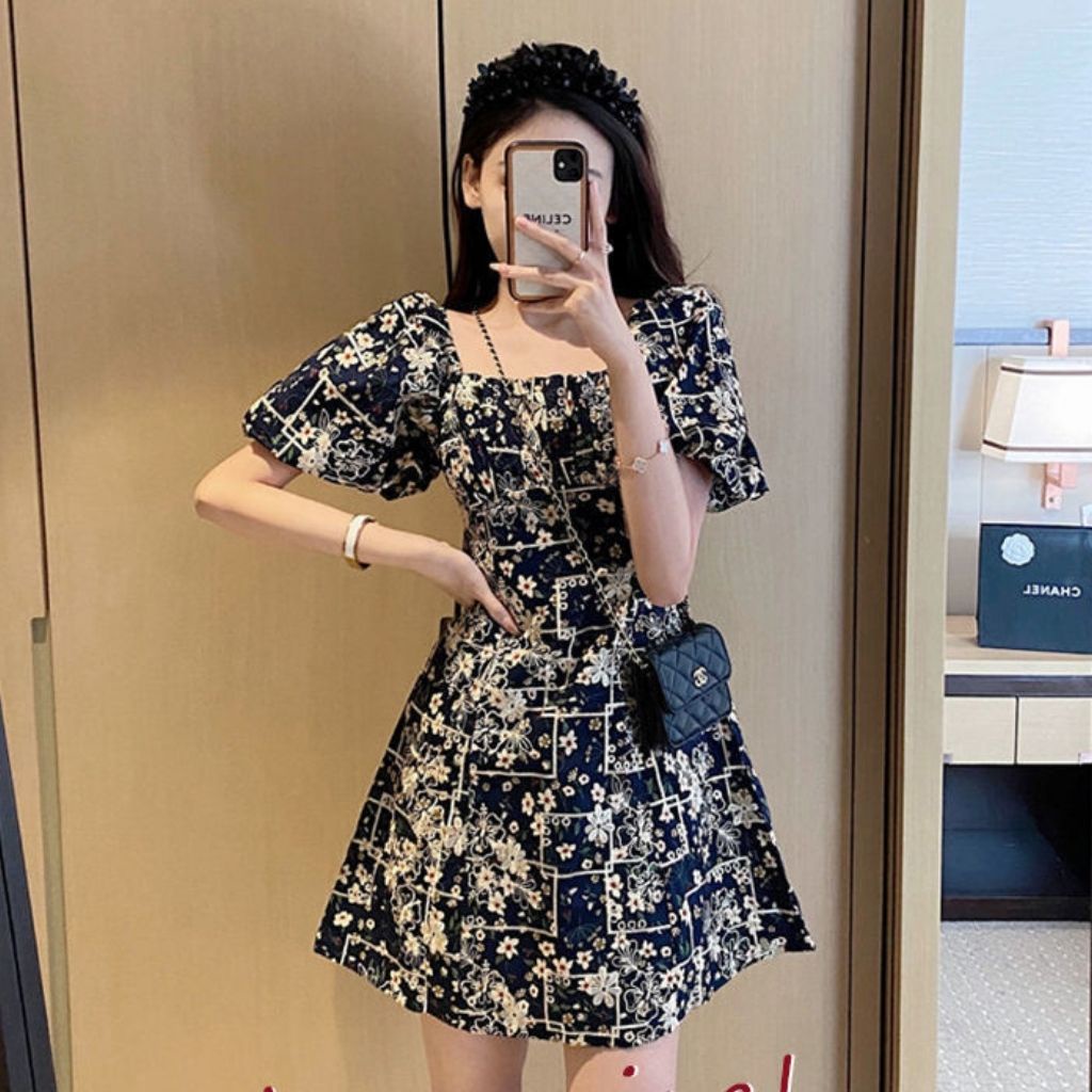 Đầm hoa nhí , váy chữ a ngắn , cổ vuông , tay bồng tiểu thư phong cách Hàn Quốc | BigBuy360 - bigbuy360.vn