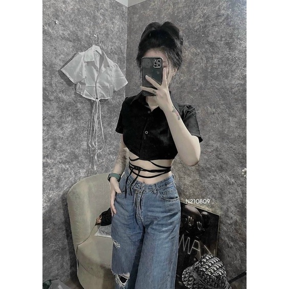 Áo sơmi dây buộc chéo eo sexy hai màu, Áo sơ mi croptop nữ tay ngắn dây buộc eo cổ đức cài nút 💕💕💕💕Uk capnhatxuhuong