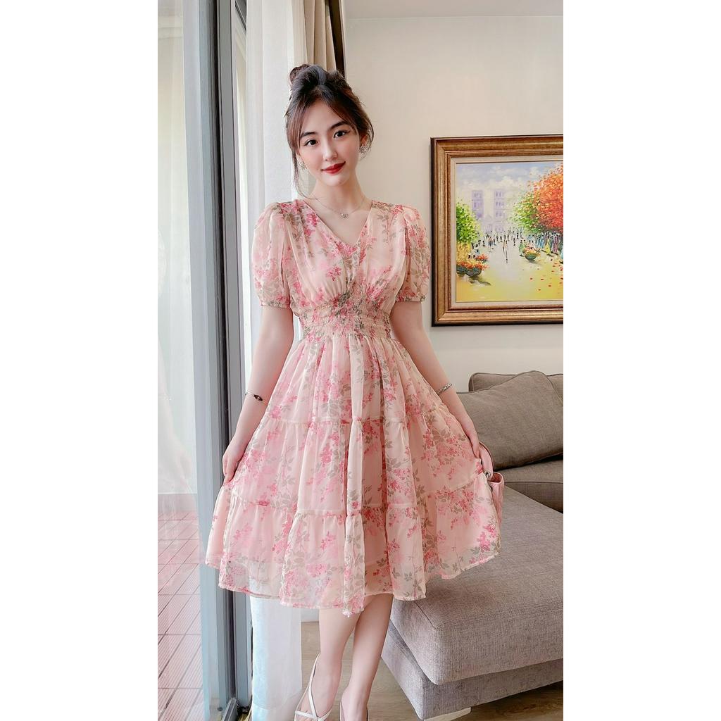 Váy hoa hồng nâu eo chun