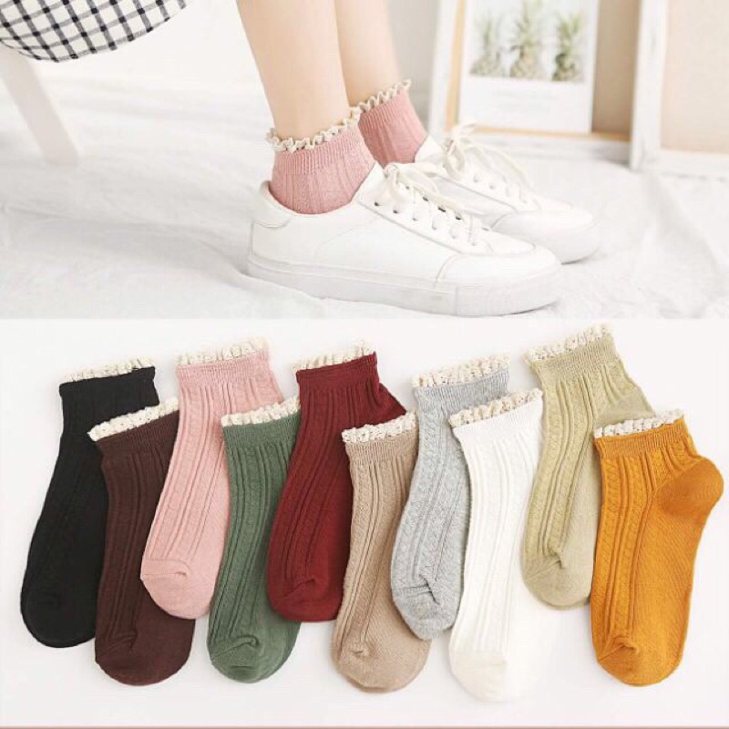 Tất nữ cổ ngắn vintage nhún bèo phong cách Hàn Quốc xinh xắn dễ thương nhiều màu