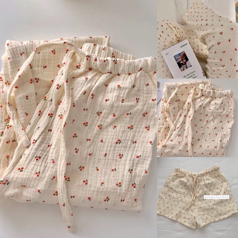 𝐚𝐬𝐡𝐞𝐱𝐢𝐧𝐜𝐡𝐚𝐨: Quần mặc nhà muslin hoạ tiết cherry