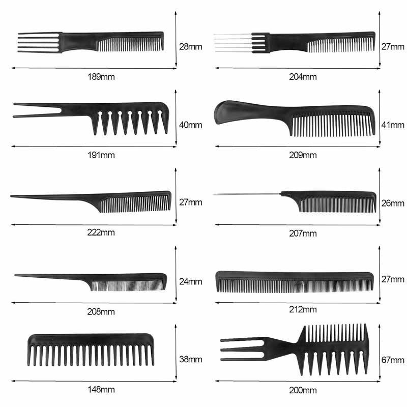 Set 10 lược nhựa màu đen tạo kiểu tóc chuyên nghiệp cho salon