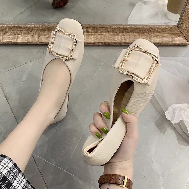 Freeship Giày búp bê mũi tròn khóa vuông tiểu thư da đẹp và mềm