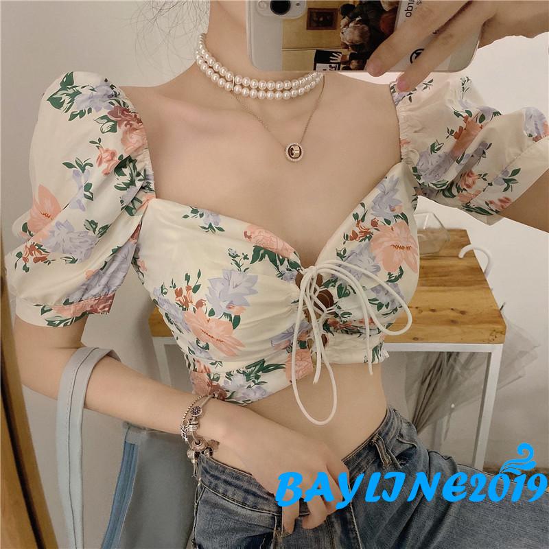 Áo croptop cổ V tay phồng in họa tiết hoa thời trang ngọt ngào dành cho nữ