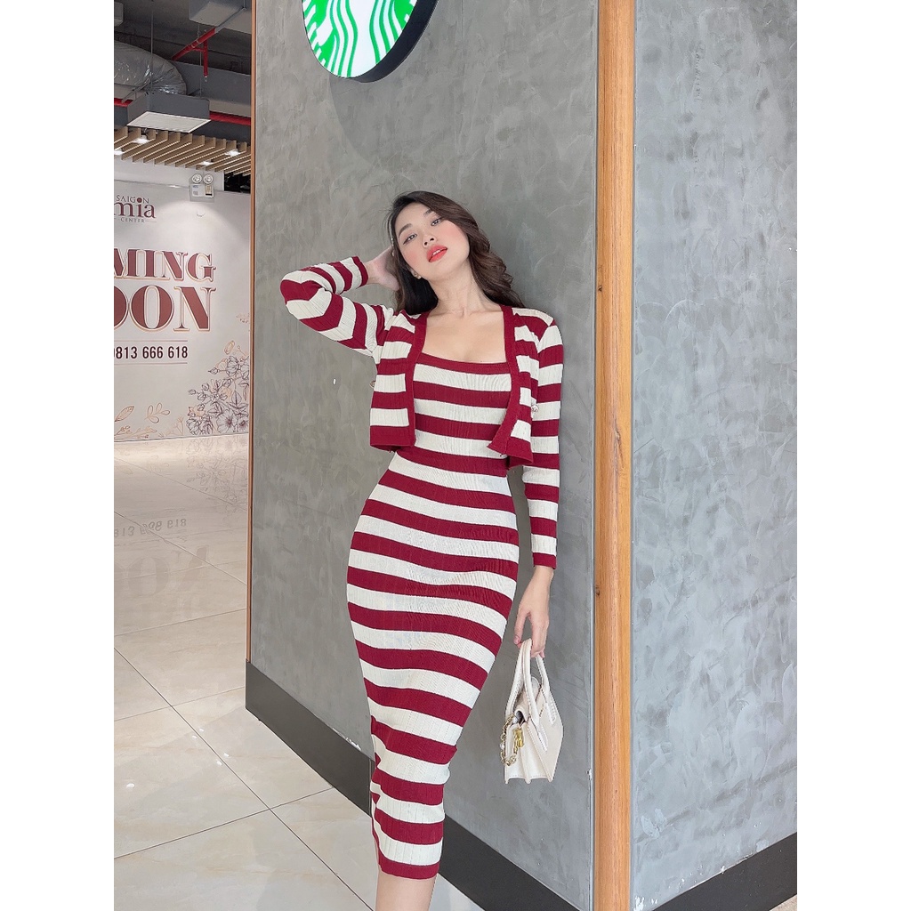 Set khoác len + đầm 2 dây body ôm dáng sexy trẻ trung Set Yman DS89 Cin house