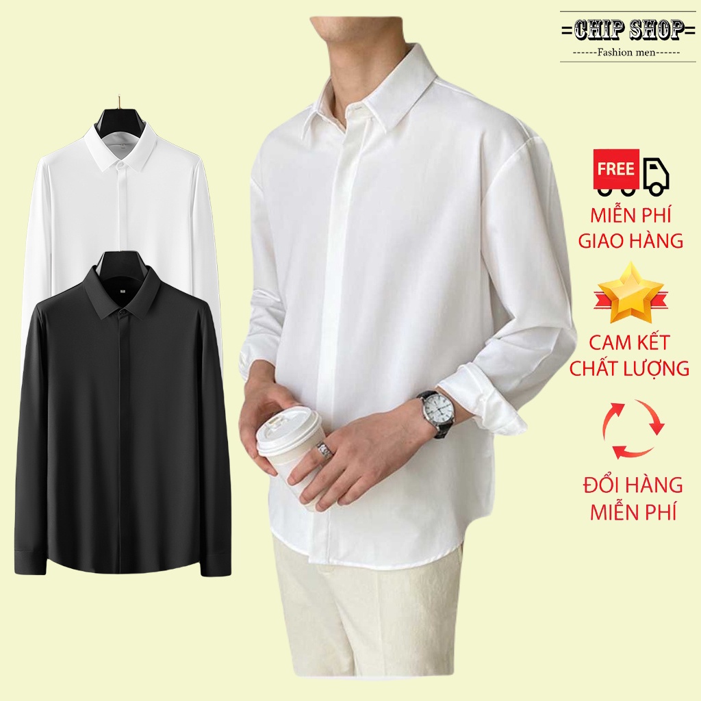 Áo sơ mi nam dài tay trơn phom rộng giấu cúc chất vải lụa mát mẽ (có size lớn)