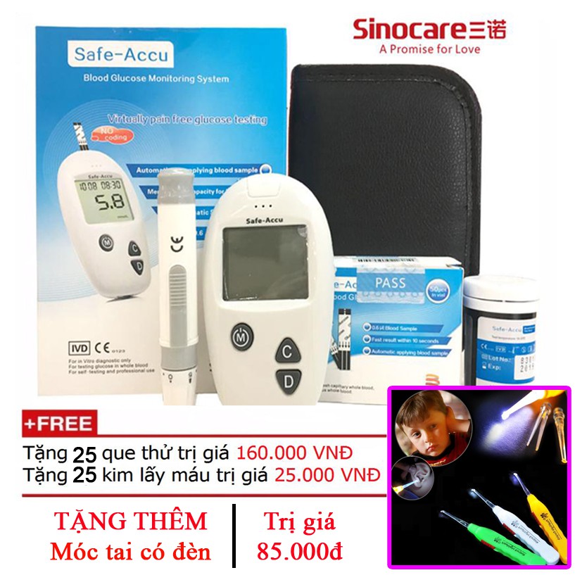 Máy đo đường huyết Sinocare Safe Accu kèm 25 kim, que + Tặng tiếp MÓC TAI CÓ ĐÈN