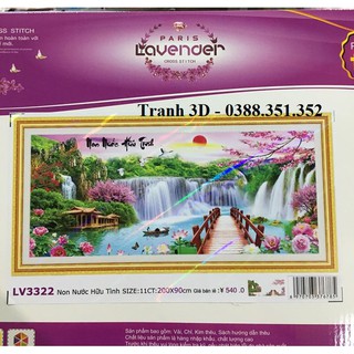 tranh thêu chữ thập phong cảnh núi non thác nước non nước hữu tình kt 200x90cm