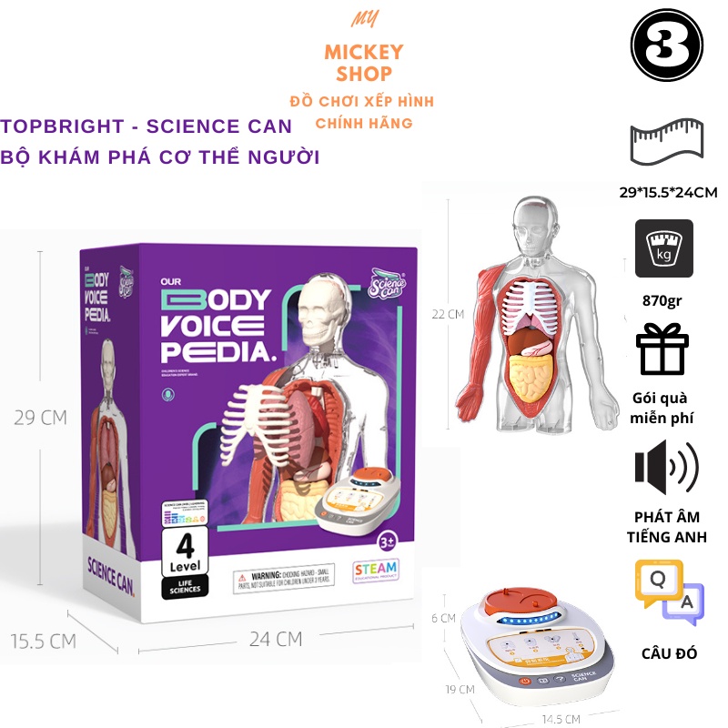 Đồ chơi mô hình 3D hãng Topbright Science Can - cơ thể người Humanbody có phát âm thanh tiếng Anh khoa học steam