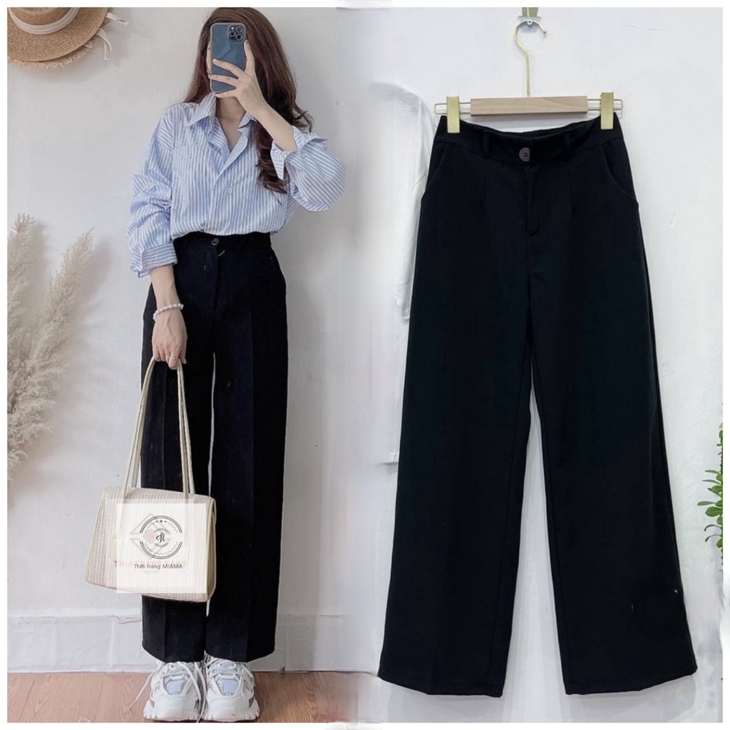 Quần tây ống rộng nữ lưng cao đi học sinh màu đen khóa kéo dáng suông dài - Quần culottes ống rộng chất vải mềm cạp cao | BigBuy360 - bigbuy360.vn