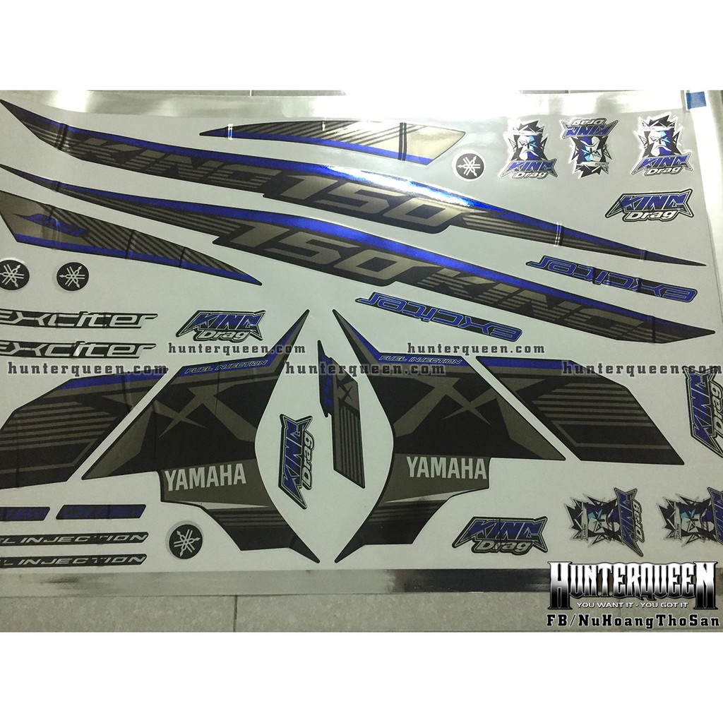 Tem Exciter 150. Tem rời MX King xanh sọc đơn giản, chất liệu CROM, dán xe đen. Xe màu khác vui lòng inbox