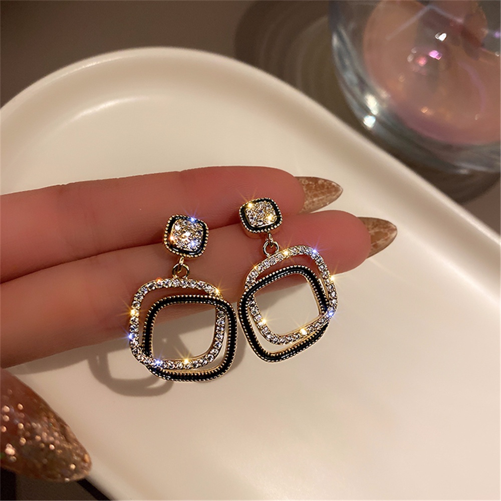 Khuyên Tai Kim Loại Hai Lớp Hình Vuông Rỗng Họa Tiết Vân Đá Cẩm Thạch Phong Cách Hàn Quốc