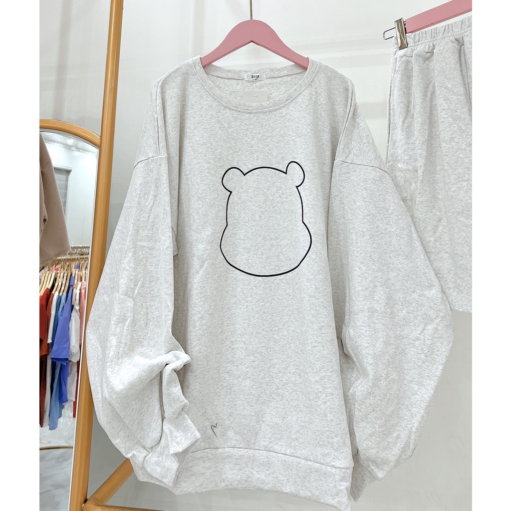 Bộ Nỉ Áo Sweater Kèm Quần Sort - Set Bộ Tay Phồng Form Rộng Phong Cách Hàn Quốc Hình Gấu