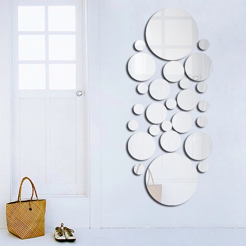 Set 28 Miếng Dán Tường 3D Tráng Gương Acrylic Hình Tròn DIY Trang Trí Nhà Cửa