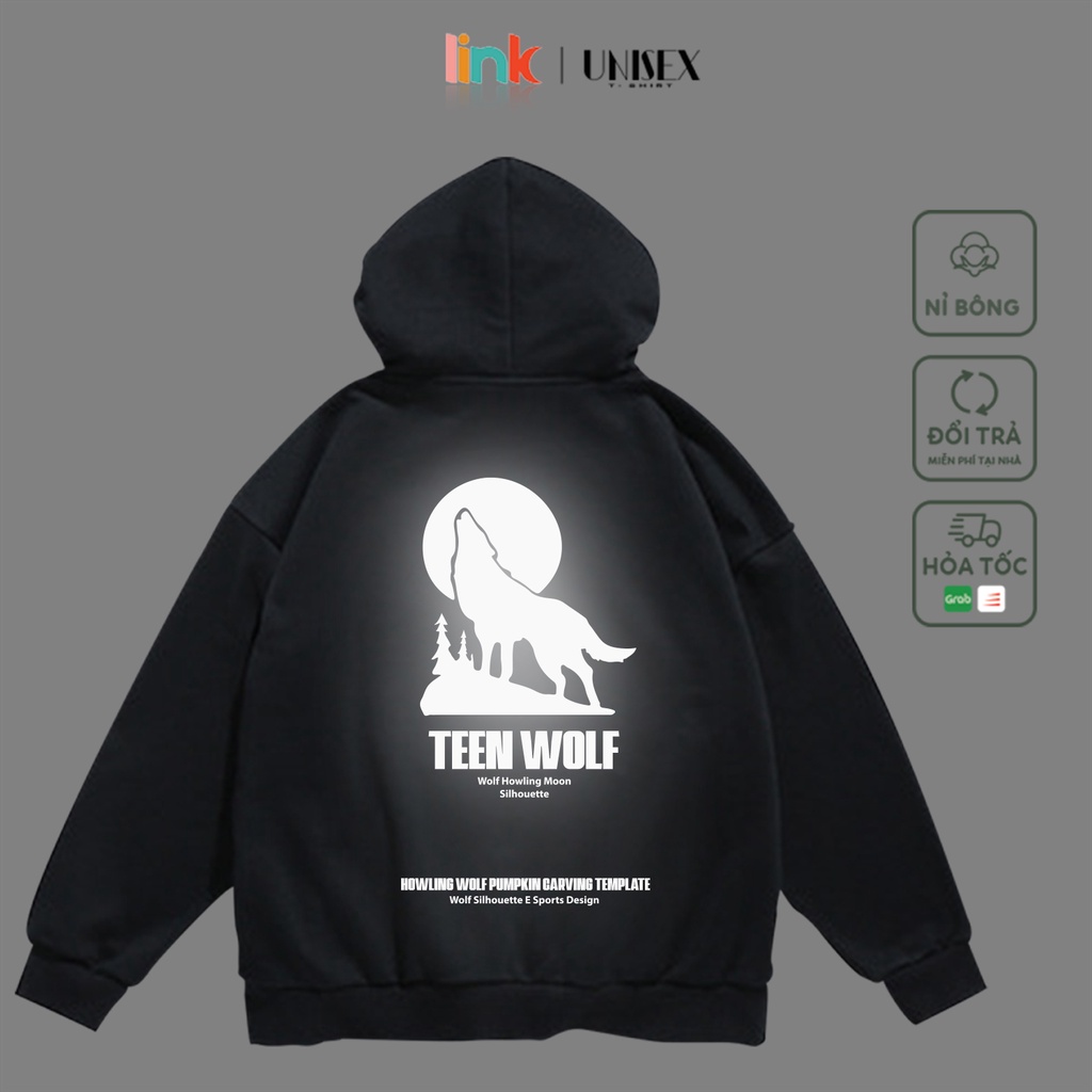 Áo Hoodie phản quang chó sói nỉ bông cao cấp Unisex (Đen, Trắng)