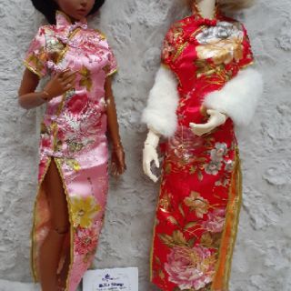 Sườn xám dài vải gấm và lụa búp bê BJD 1/3
