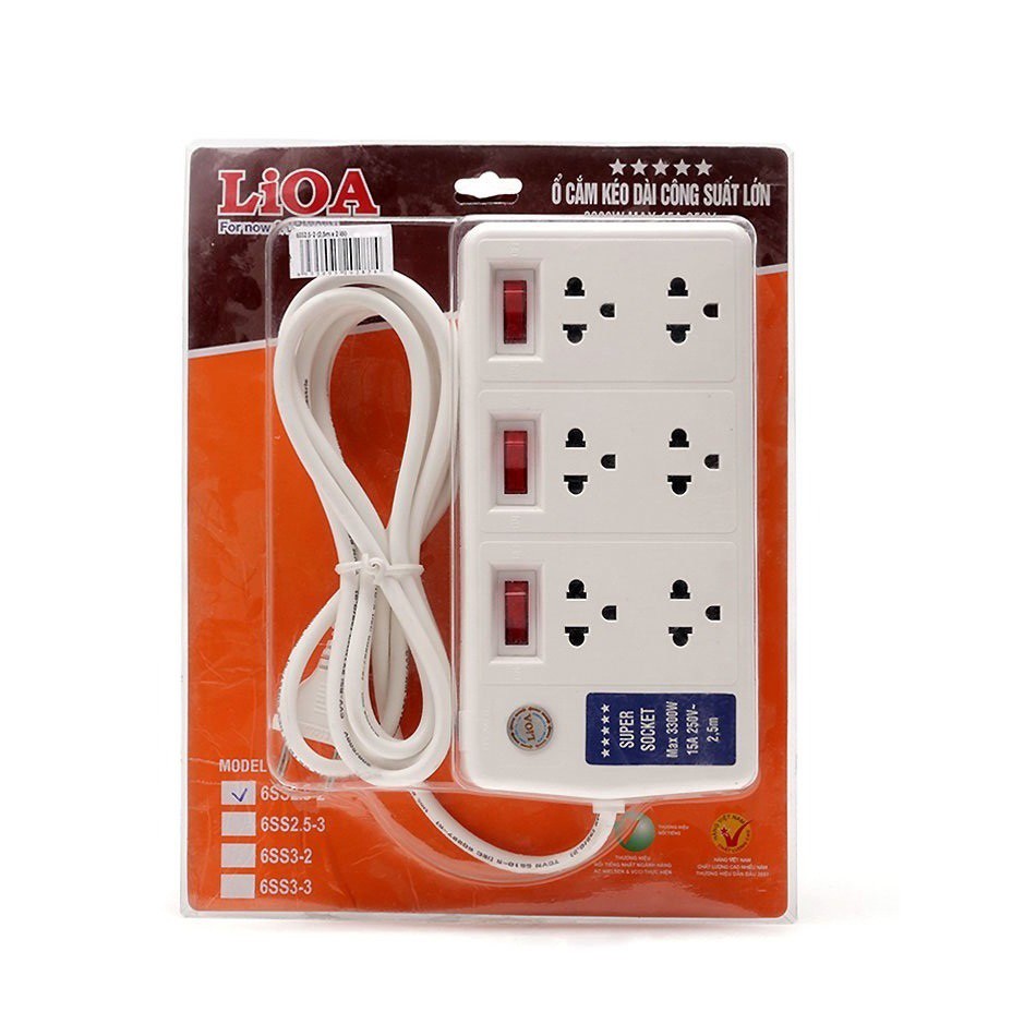 Ổ CẮM LIOA 3300W CÔNG SUẤT LỚN 6SS2.5-2 ( 2.5m DÂY ) - BẢO VỆ QUÁ TẢI