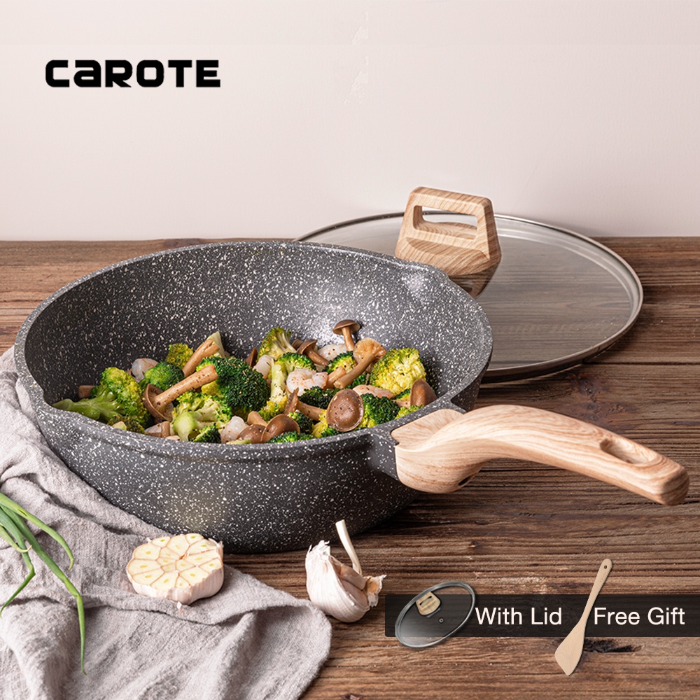 Chảo Sâu Lòng Chống Dính CAROTE® Essential Woody Frying Wok 24/28/30/32cm Có Nắp Phù Hợp Với Mọi Bếp Bao Gồm Cả Bếp Từ