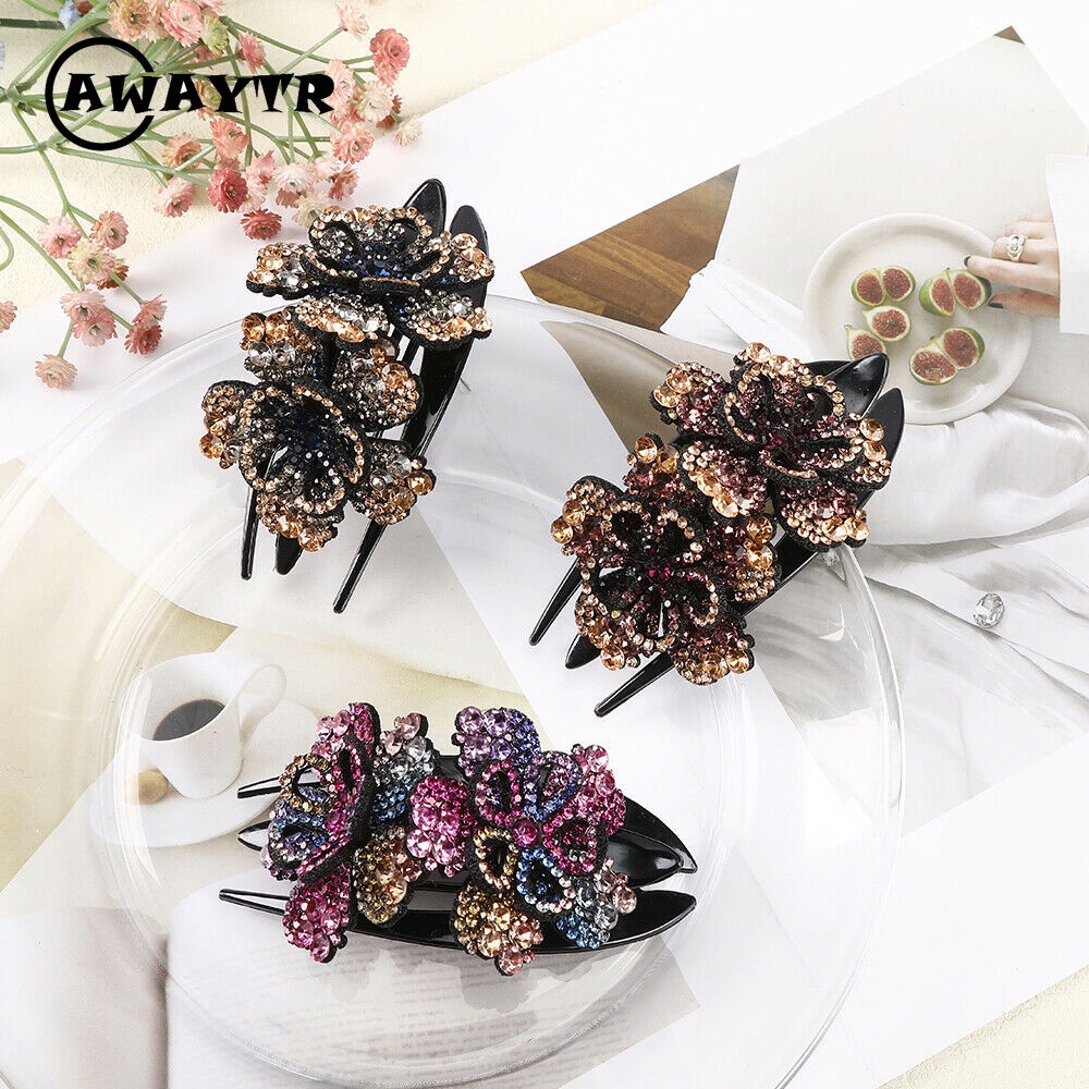 Kẹp Tóc Đuôi Ngựa Đính Đá Hình Hoa Kép Thanh Lịch Cho Nữ