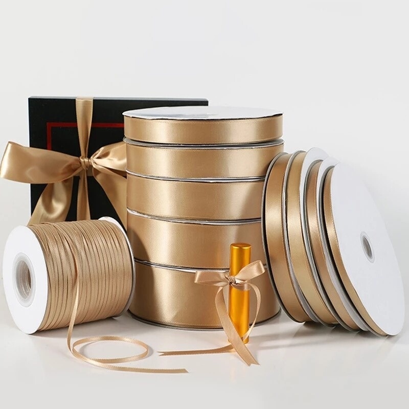 Cuộn dây ruy băng satin màu vàng 22m 5 kích thước dùng trang trí tiệc cưới diy