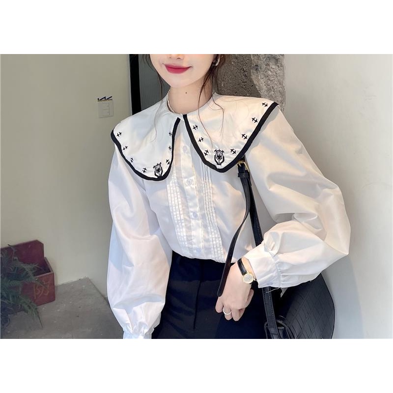 Áo sơ mi trắng tay dài cổ búp bê thiết kế mới độc đáo phong cách Pháp cho nữ