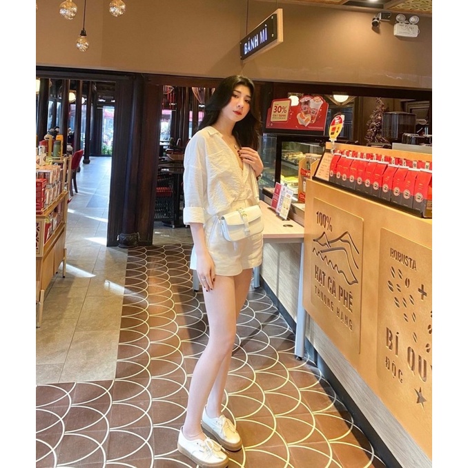 Set áo sơ mi đũi và quần trắng thời trang nữ cực xinh