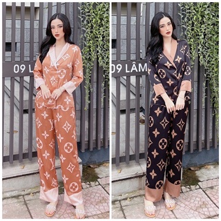 Đồ bộ nữ dài tay, pijama cổ V họa tiết LV , SOMNIA, đồ ngủ bigsize, bộ lụa mặc nhà, pyjama cao cấp lụa hàn