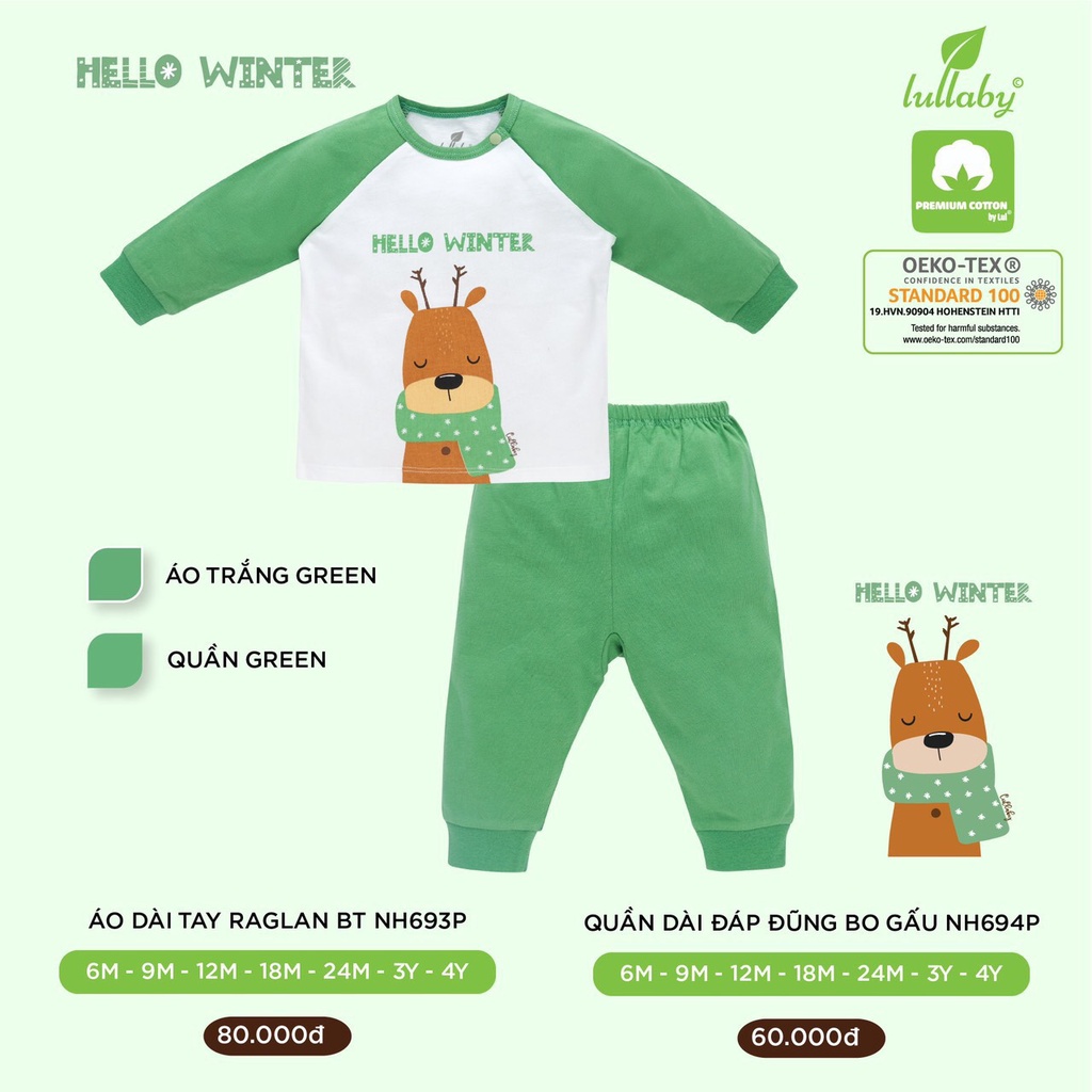[CHÍNH HÃNG] Bộ dài tay cotton raglan họa tiết trẻ em Lullaby Thu đông 2021