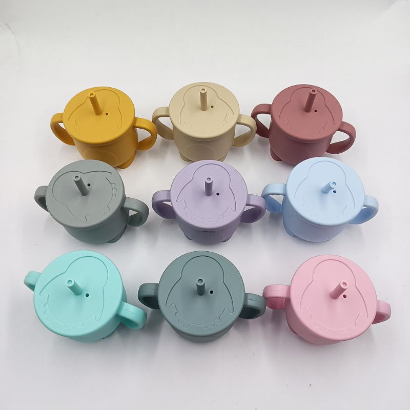 (Tặng cọ rửa ống hút) Cốc hút silicon, cốc uống nước, pha sữa có chia vạch ml cho bé