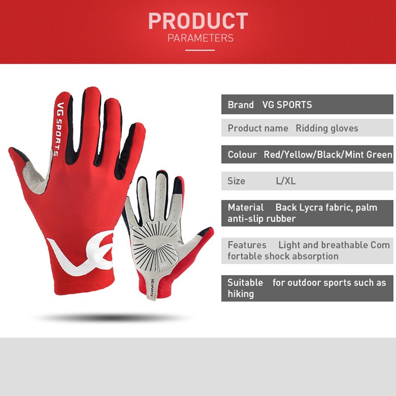 VG Sports Cycling Gloves Full Finger Gel Press Screen Non-Slip Road Bike Bicycle Gloves Riding Long Fingers Gloves -Red L