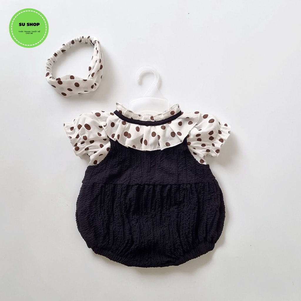 Body váy bé gái chấm bi đen 𝑻𝑨̣̆𝑵𝑮 𝑲𝑬̀𝑴 turban-Su Shop-Body thôi nôi-đầy tháng