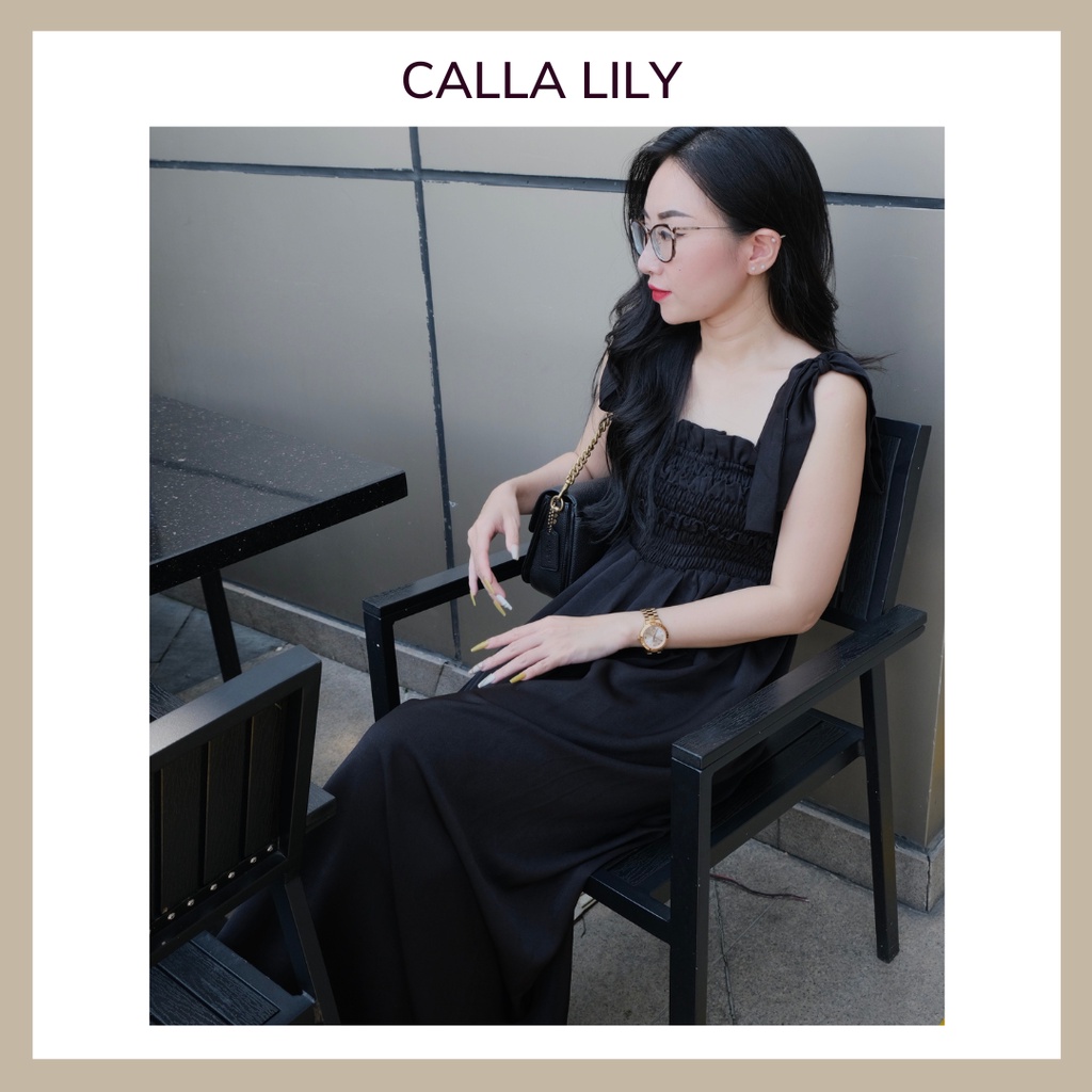 Calla Lily - Váy Đầm Velvet Lily Chun Ngực Nhung Mịn Suông Dài Màu Đen Không Tay Cột Dây Nơ Dễ Thương Đi Biển Đi Chơi