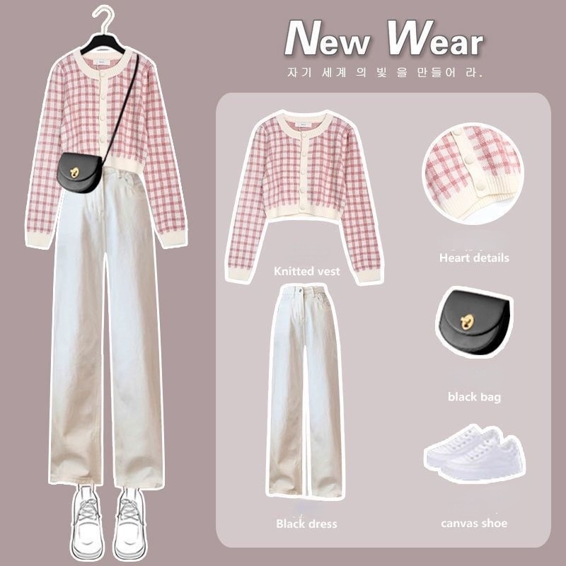 2022 Bộ áo cardigan dệt kim + quần jean lưng cao phong cách Hàn Quốc thời trang thu đông mới