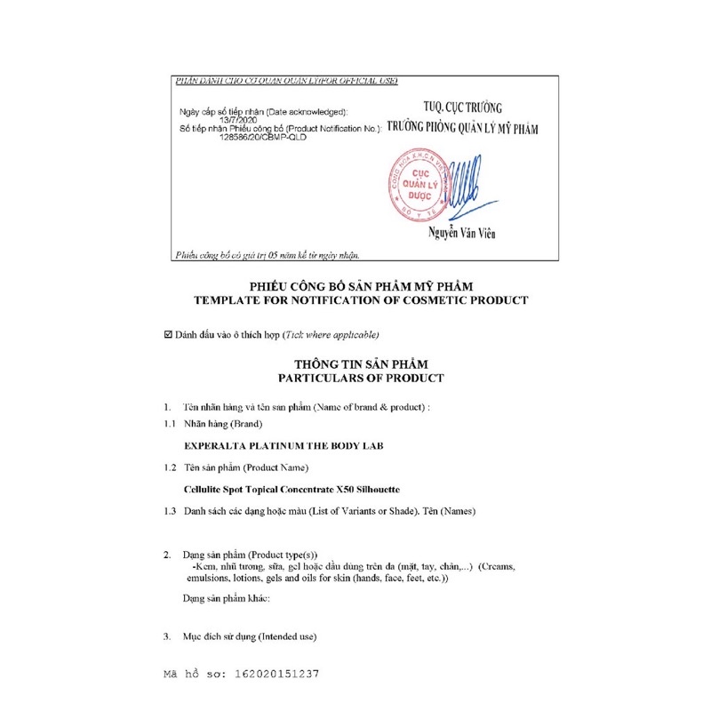 Gel tan mỡ bụng - Kem dưỡng thể Experalta Platinum The Body Lab