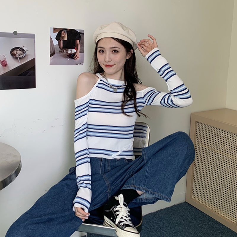 Áo Dệt Kim Tay Dài Hở Vai Dáng Ôm Họa Tiết Kẻ Sọc Thời Trang Hàn Quốc Dành Cho Bạn Nữ