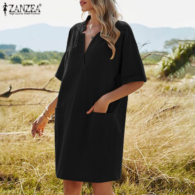 Đầm Lửng ZANZEA Tay Lửng Cổ Chữ V Màu Trơn Giản Dị Dành Cho Nữ
