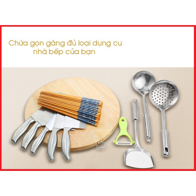 Kệ inox để dao thớt inox 304 kích thước 35x18x27cm, ống cắm đũa thìa, khay hứng nước inox xịn