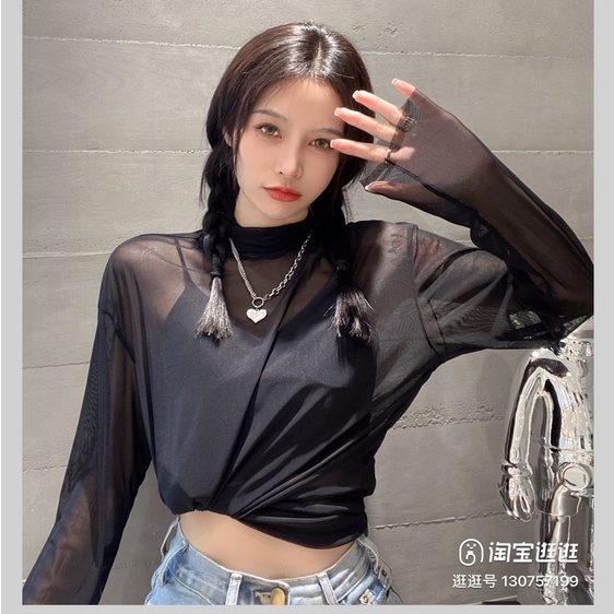 Áo thun nam voan cổ lọ tay dài xuyên thấu sexy