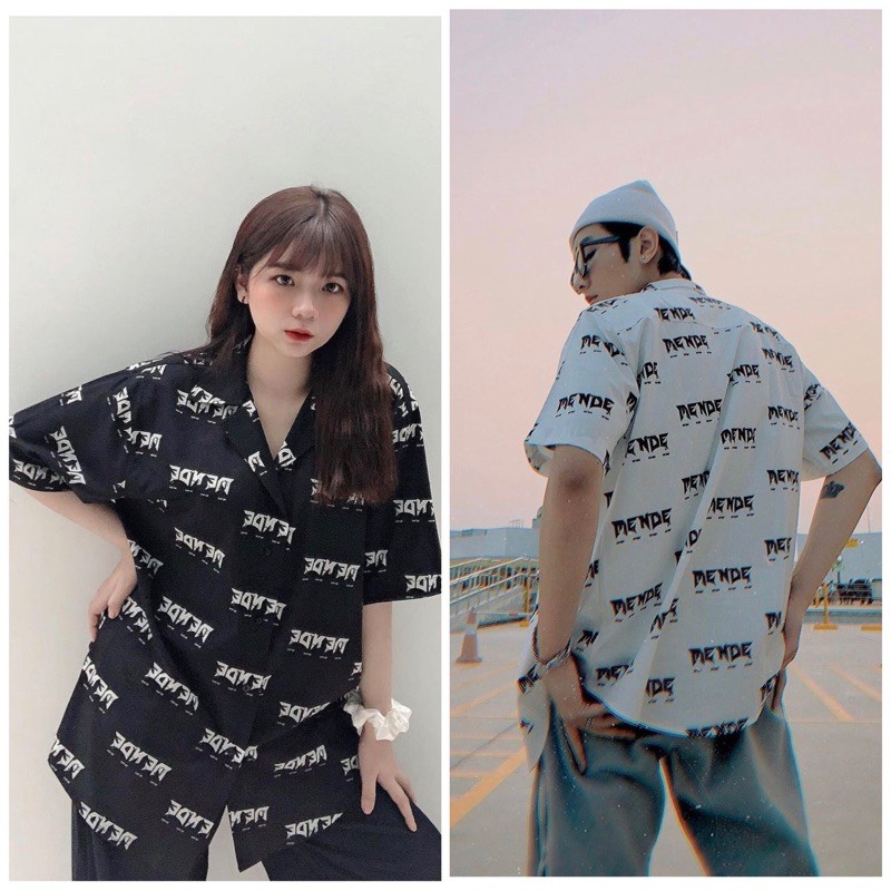 Sơ mi Họa Tiết Chữ MENDE Tay Ngắn Cổ Vest Thời Trang Unisex Vải Lụa Chéo