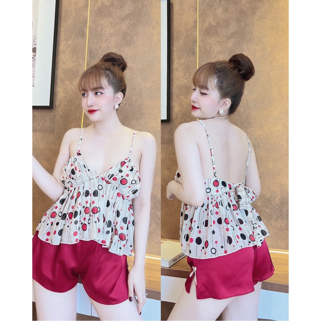 Váy Ngủ Nữ, Đồ Ngủ Sexy Nữ Bộ Satin Nhún Bèo Ngực Freesize Dưới 75kg